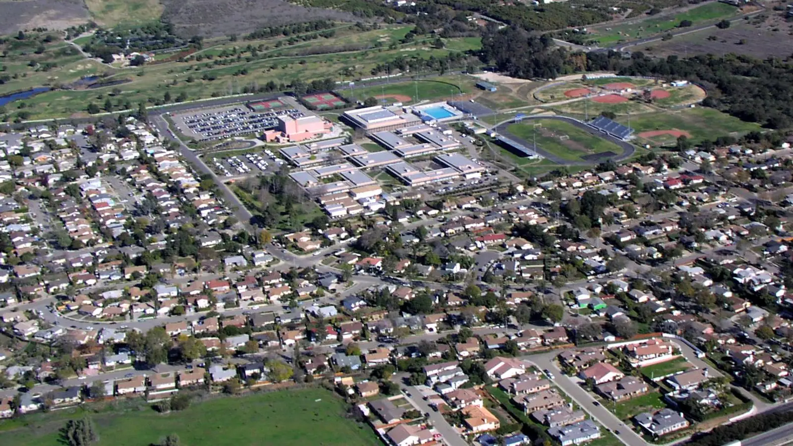 Aerial view of the Dos Pueblos High School campus in Goleta, California, looking from the south-southwest