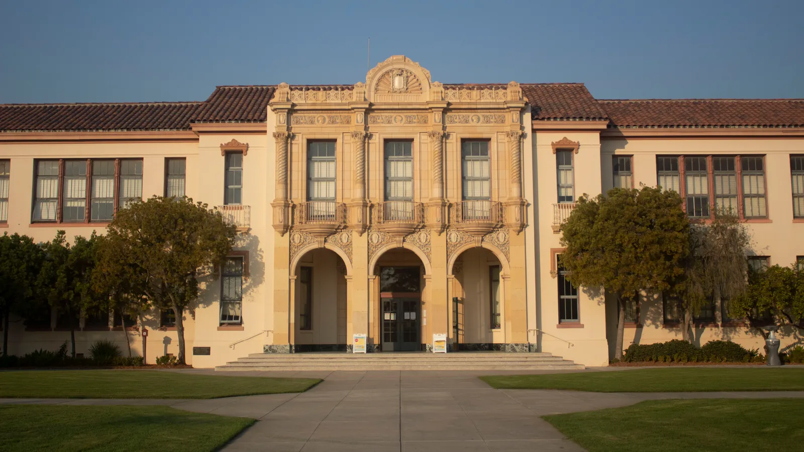 Exterior of the historic Santa Barbara High School main building, the oldest high school in Santa Barbara County